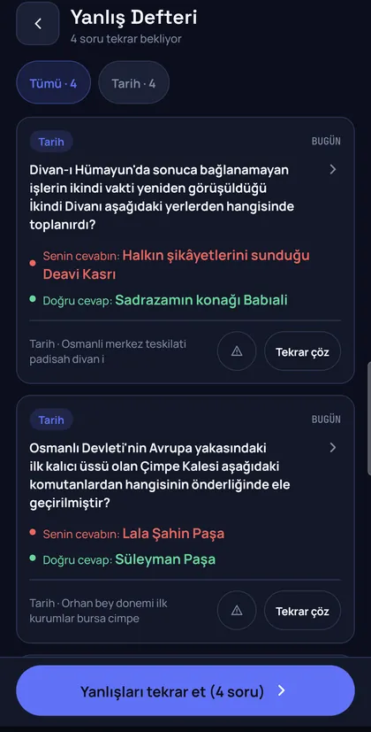 KPSS Arena Yanlış Defteri: yanlış cevaplanan sorular, doğru cevaplar ve tekrar butonu.
