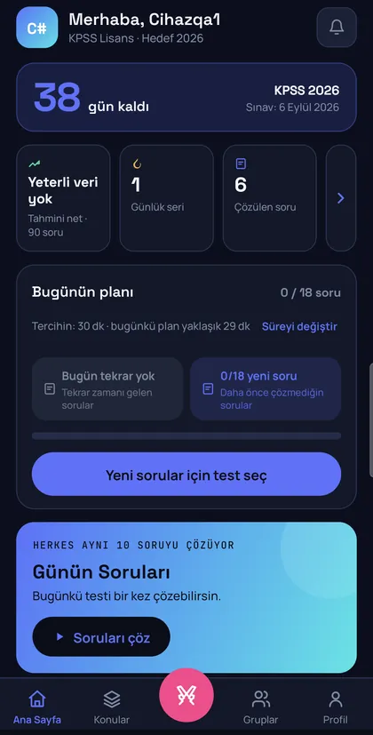 KPSS Arena ana sayfa: sınava kalan gün sayısı, günlük plan ve Günün Soruları kartı.